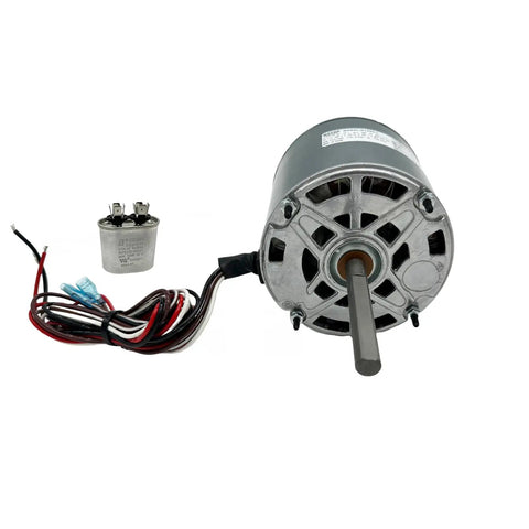 RV Air Conditioner Fan Motor 1/3HP 115V Dual Speed With Capacitor Included, wiring and capacitor visible