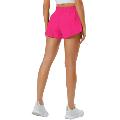 Rear view of Hot Pink Womens Running Shorts With Quick Dry Fabric Featherweight Stretch Built In Brief Liner Elastic No Slip Waistband