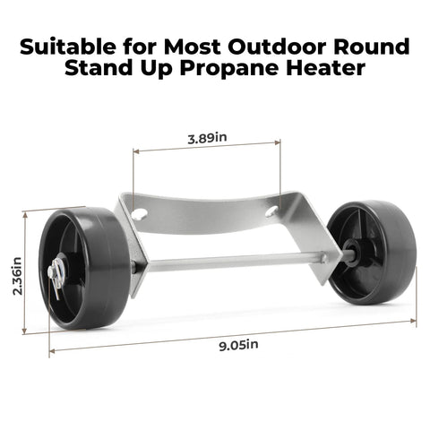 Patio heater wheel kit with two large grey wheels and metal frame; universal for most round stand-up propane heaters.