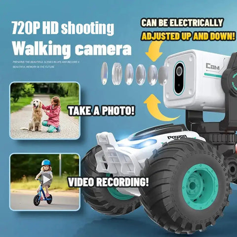 Stunt RC Car With 720P HD FPV Camera, No App Needed FPV, Two Way Talk, 360 Degree Spins; camera adjustment and LED lights shown
