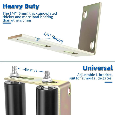 Six Inch Sliding Gate Roller With Adjustable L Bracket Heavy Duty Universal Gate Guide Kit showing L-bracket and rollers.
