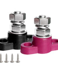 Street Ready 3/8 Inch Power Distribution Block And Bus Bar With 250 Amp M10 Single Stud For 12 Volt Systems Battery Junction Terminal Quick Hookup in black and pink with screws.