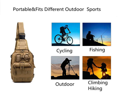 Compact Tactical Outdoor Backpack with 3 Way Carry for Everyday Carry, showcasing versatility for cycling, fishing, and hiking.
