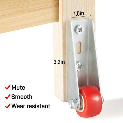 Pro Build 0.9 Inch Red Rubber Caster Wheels 2 Pack Swivel Furniture Casters with Rust Resistant Galvanized Brackets on wood.