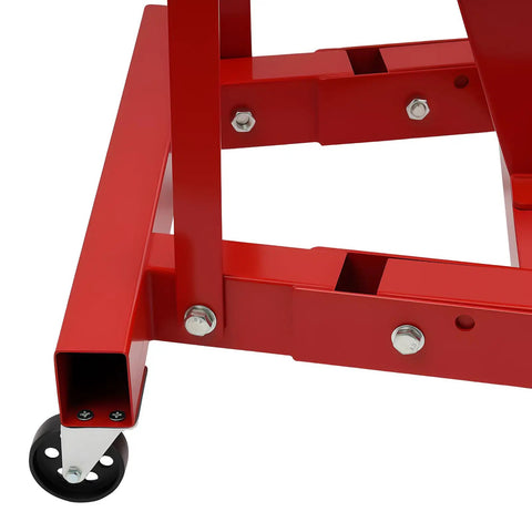Detail of Heavy Duty Hydraulic Engine Hoist, 2 Ton Folding Shop Crane Built Tough, showing caster wheel and sturdy frame.