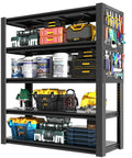 Beast Mode Heavy Duty 5 Tier Garage Shelving, 2000 Lbs Rock Solid Metal Storage Rack With Two Pegboards, Adjustable Utility Shelves For Shop And Warehouse, Black Frame filled with tools and storage bins.