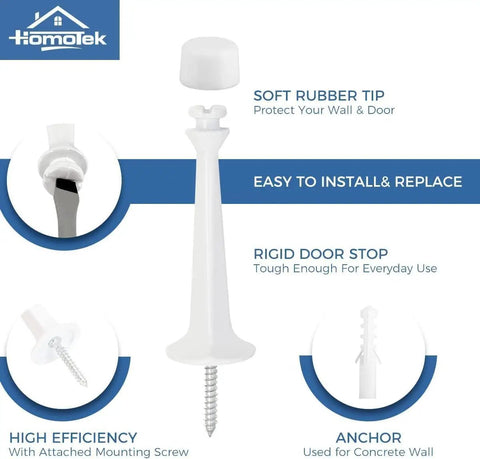 Hefty Zinc Die Cast Door Stops Four Pack With Soft Rubber Buffers Knockout Drywall Defender Kickback Guard Flush Mounts To Baseboards Quick Screw Setup Flat White Finish featuring rigid door stop and rubber tip.