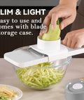 Front view of Keouke mandoline slicer with stainless steel blades, white housing, six interchangeable blades for veggie slicing