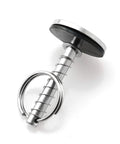 Close-up of marine-grade stainless steel hatch pull handle with spring and ring, 1/4" diameter, 2" length