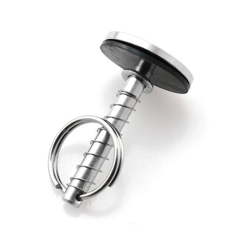 Close-up of marine-grade stainless steel hatch pull handle with spring and ring, 1/4" diameter, 2" length