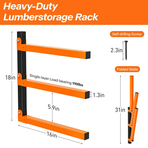Beefy Two Pack Heavy Duty Lumber Storage Rack Wall Mount Shelves With Three Levels For Lumber Plywood And Long Tools Orange