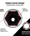Radius corner design of Extra Deep Spark Plug Socket Three Eighths Drive Nine Sixteenths Size CRMO Alloy Steel Built To Last Easy Removal