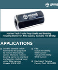 Marine Tech Tools prop shaft and bearing housing remover; metal cylinder tool with black body and silver ends.