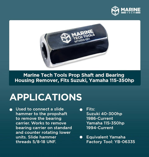 Marine Tech Tools prop shaft and bearing housing remover; metal cylinder tool with black body and silver ends.