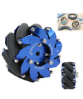 Front view of blue aluminum 4in mecanum wheel with black rollers; right wheel for omnidirectional robot drive (ZHOUYOU)