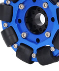 Close-up of a blue Aluminum Alloy Robot Wheels 4 Inch Omnidirectional Hub Component for toy robots