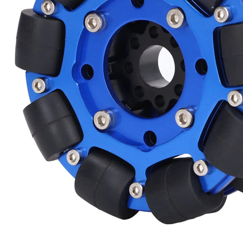 Close-up of a blue Aluminum Alloy Robot Wheels 4 Inch Omnidirectional Hub Component for toy robots