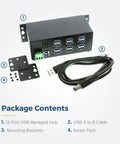 Package contents of 12 Port USB 3.2 Gen 1 Hub With Status LEDs Rugged Metal Chassis including mounts and cable