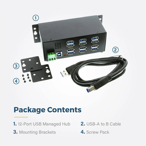 Package contents of 12 Port USB 3.2 Gen 1 Hub With Status LEDs Rugged Metal Chassis including mounts and cable