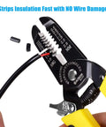 2-Pack Pro-Grade Wire Stripper And Cutter Set For 10-22 AWG in use on black wire, ergonomic handle, showing precise insulation removal