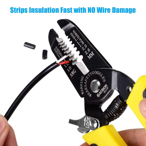 2-Pack Pro-Grade Wire Stripper And Cutter Set For 10-22 AWG in use on black wire, ergonomic handle, showing precise insulation removal