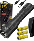 P23i Long Range Flashlight Beasts 3000 Lumens With 512 Yard Throw USB C Rechargeable One Hand Operation And Dual Tail Switch Includes 2 Extra NL2150HPi Batteries And Eco Sensa Type C USB Cable with accessories, packaging, and flashlight case visible.
