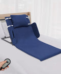 Adjustable Electric Lift Backrest For Bed With Strong Steel Frame And Thick Sponge Lumbar Support Up To 330 Pounds, shown in blue, on a bed.