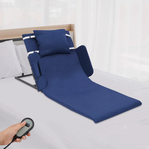 Adjustable Electric Lift Backrest For Bed With Strong Steel Frame And Thick Sponge Lumbar Support Up To 330 Pounds, shown in blue, on a bed.