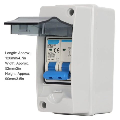 PV DC Circuit Breaker 32A 6kA IP65 DC Isolator Switch For PV Solar Panel Grid Connected Systems Home And RV Use visible case dimensions