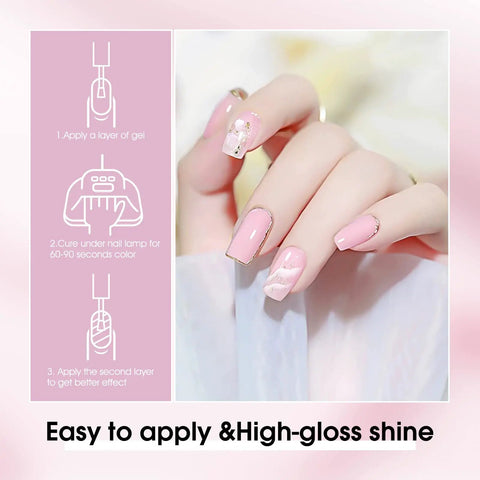 Manicured hand with Six Color Hema Free Pink Gel Nail Polish Set With Soak Off Formula Vibrant Light Pink Gel Colors