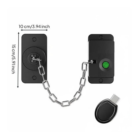 Black Keyless Electronic Drawer Lock With USB Power Backup, chain design, measurements in centimeters and inches