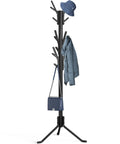 Tree Shaped Coat And Hat Organizer Rack With Eighteen Hooks For Entryway Or Bedroom Dope Space Saving Stand To Hang Coats Hats Scarves And Bags In Black Finish holding hat, coat, and bag.