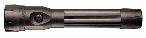 Side view of Beefy PolyStinger DS LED Flashlight With 120 Volt AC DC Charger Black 485 Lumens Rugged Nylon Polymer Body With Non Slip Rubber Grip.