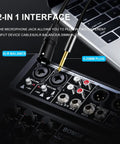Close-up of 4 Channel Mini DJ Audio Mixer Interface with MP3 USB Bluetooth Dope Stereo Recording 48V Phantom Power 99 DSP showing XLR and 6.35mm inputs
