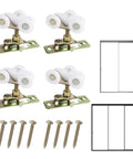 4Pcs Sliding Pocket Door Rollers Assembly For Hardware Kit Replacement With Top Hanger Visible with screws and door diagrams
