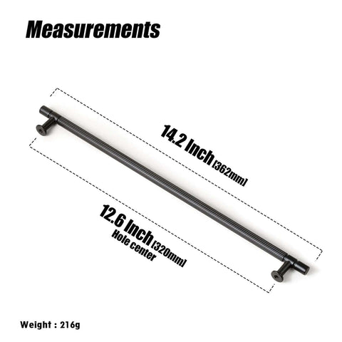 Black Zinc Alloy Cabinet Handles Set of 6, 12.6 Inch Center To Center Pulls, measurements shown with 14.2 inches total length.