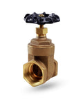 Brass gate valve with black wheel handle, 1 in FIP connection, front view