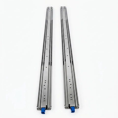 Heavy Duty 72 Inch Drawer Slides With 500 Lb Capacity, Full Extension, Lock-In Lock-Out, Side Mount Ball Bearing Rails For RV, Truck Bed, Trailer, And Pull-Out Tool Drawers, pair of blue steel rails