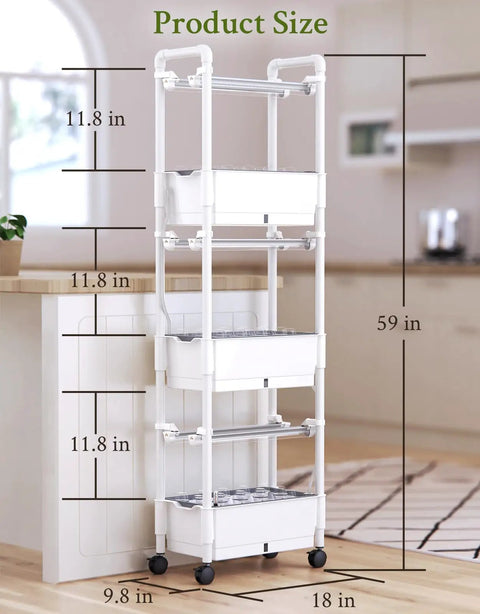 Indoor Hydroponic Garden Kit For Homegrown Herbs With 42 Pods, 3 Tier White Gloss Finish, shown with dimensions in a kitchen setting