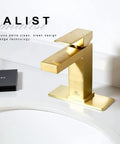 Brushed Gold Single Hole Bathroom Faucet With Pop Up Drain, Modern One Handle Vanity Sink Tap, Deck Plate Included, 1.2 GPM
