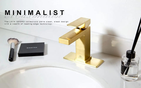 Brushed Gold Single Hole Bathroom Faucet With Pop Up Drain, Modern One Handle Vanity Sink Tap, Deck Plate Included, 1.2 GPM