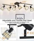 Six Light Bamboo LED Track Lighting Kit with Rattan Cage Industrial Ceiling Spotlight shown with adjustable angles.