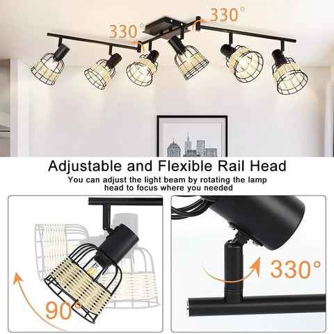 Six Light Bamboo LED Track Lighting Kit with Rattan Cage Industrial Ceiling Spotlight shown with adjustable angles.