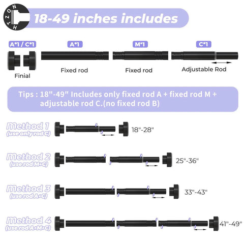 Heavy Duty Adjustable Tension Shower Curtain Rod 18 to 49 Inches No Drill No Slip Easy Install Matte Black Finish diagram