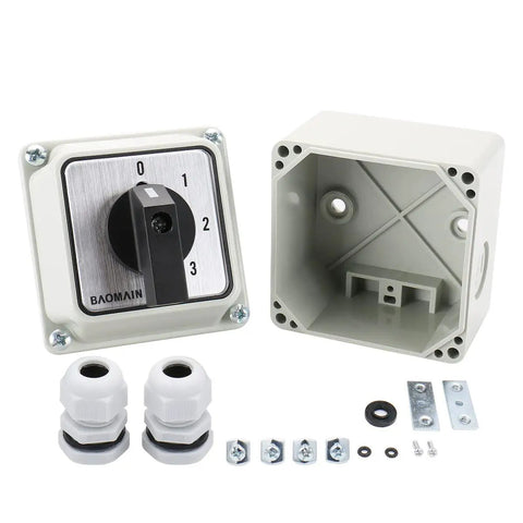 20A 660V Rotary Changeover Switch with IP54 Box and accessories for motor control and generator transfer.