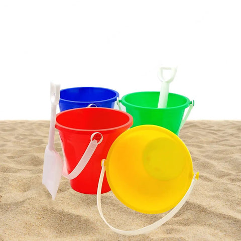 Three Pack Beach Toys Set With 5.25 Inch Buckets And Shovels, Kids Sand Play Pails For Boys And Girls on sandy background