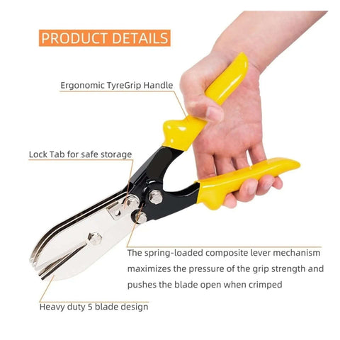 Beefy Pro Grade Heavy Duty 5-Blade Hand Cable Crimper with ergonomic yellow handle, stainless steel, for duct work and sheet metal.