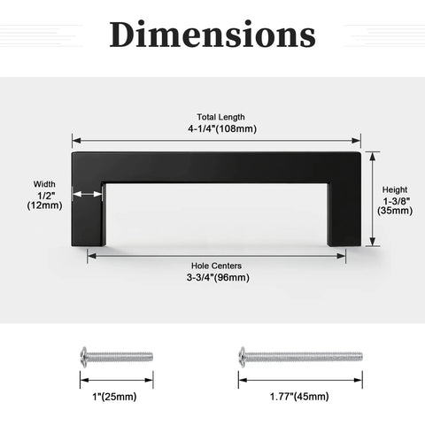Diagram of Six Pack Matte Black Stainless Steel Square Cabinet Pulls For Kitchen Cabinets, 4-1/5 Inch length, showing dimensions.