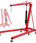 Sturdy Fold Down Engine Hoist With Long Lever And Six Heavy Duty Casters Two Ton Hydraulic Shop Crane Cherry Picker Lifting Rig view with extended arm and rolling casters.