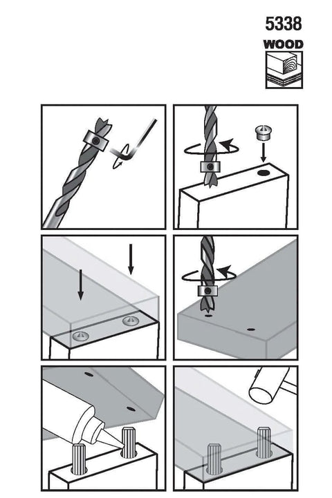 Diagram showing use of 5/16-Inch Dowel Kit With TiN Coated Brad Point Bit, dowel hole centers, drill stop, and fluted dowel pins in wood